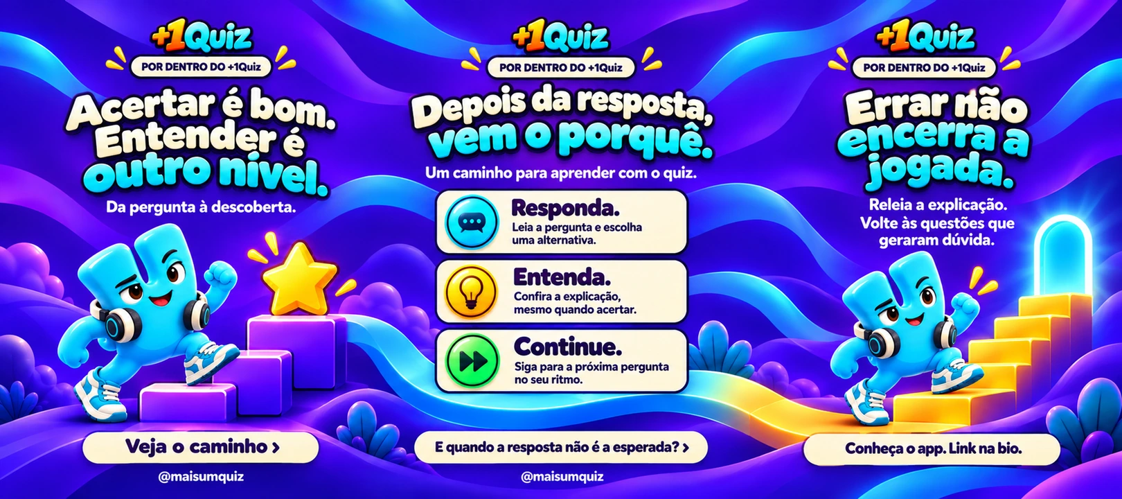 Carrossel completo: Acertar é bom. Entender é outro nível, com fundo contínuo entre as três imagens.